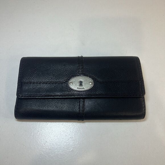 Fossil Maddox Marlow Leather Flap Clutch Wallet Black Vintage Tri-Fold Keyhole - Picture 1 of 8